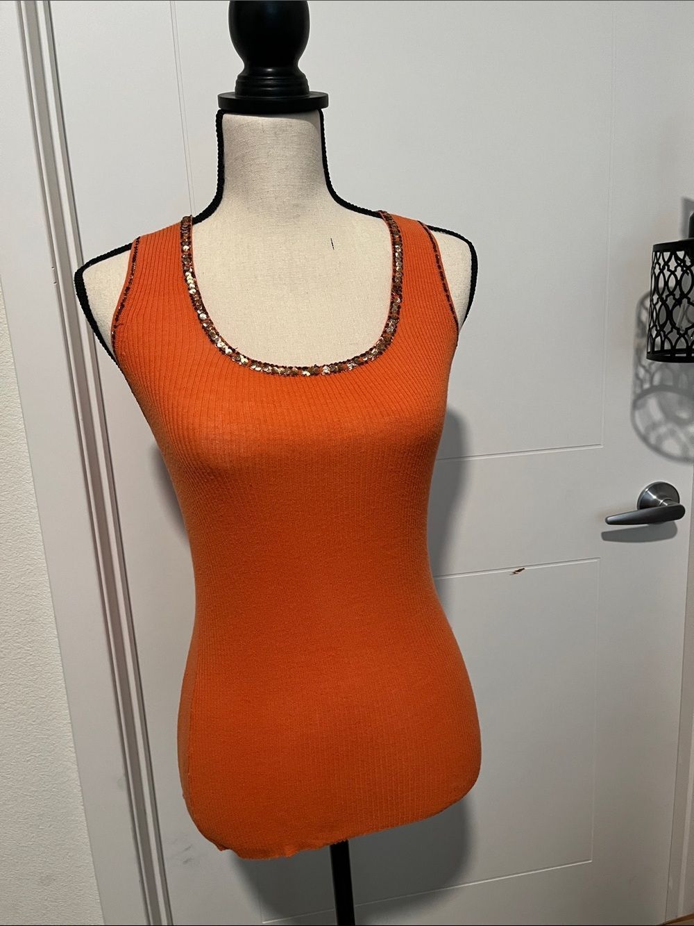 Y2K Bebe Orange Sleeveless Embellished Neckline Ribbed Racerback Tank Top 00’s